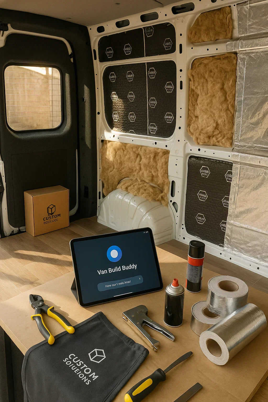 Campervan mid-conversion showing Insultion options and tablet with Van Build Buddy